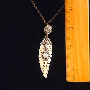 Genuine Sea Shell Pearl Swarovski crystal carved leaf design necklace pendant